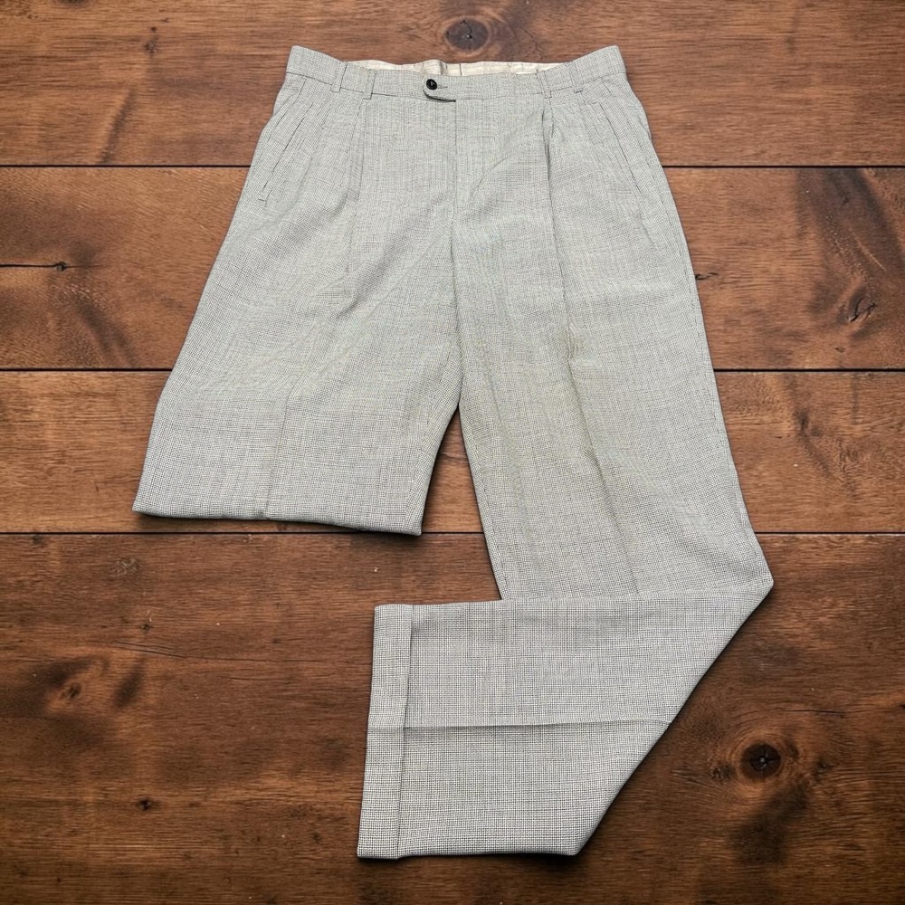 Zanella Neiman Marcus Mens Grey Houndstooth Pleated Wool Cuffed Trousers 36x34